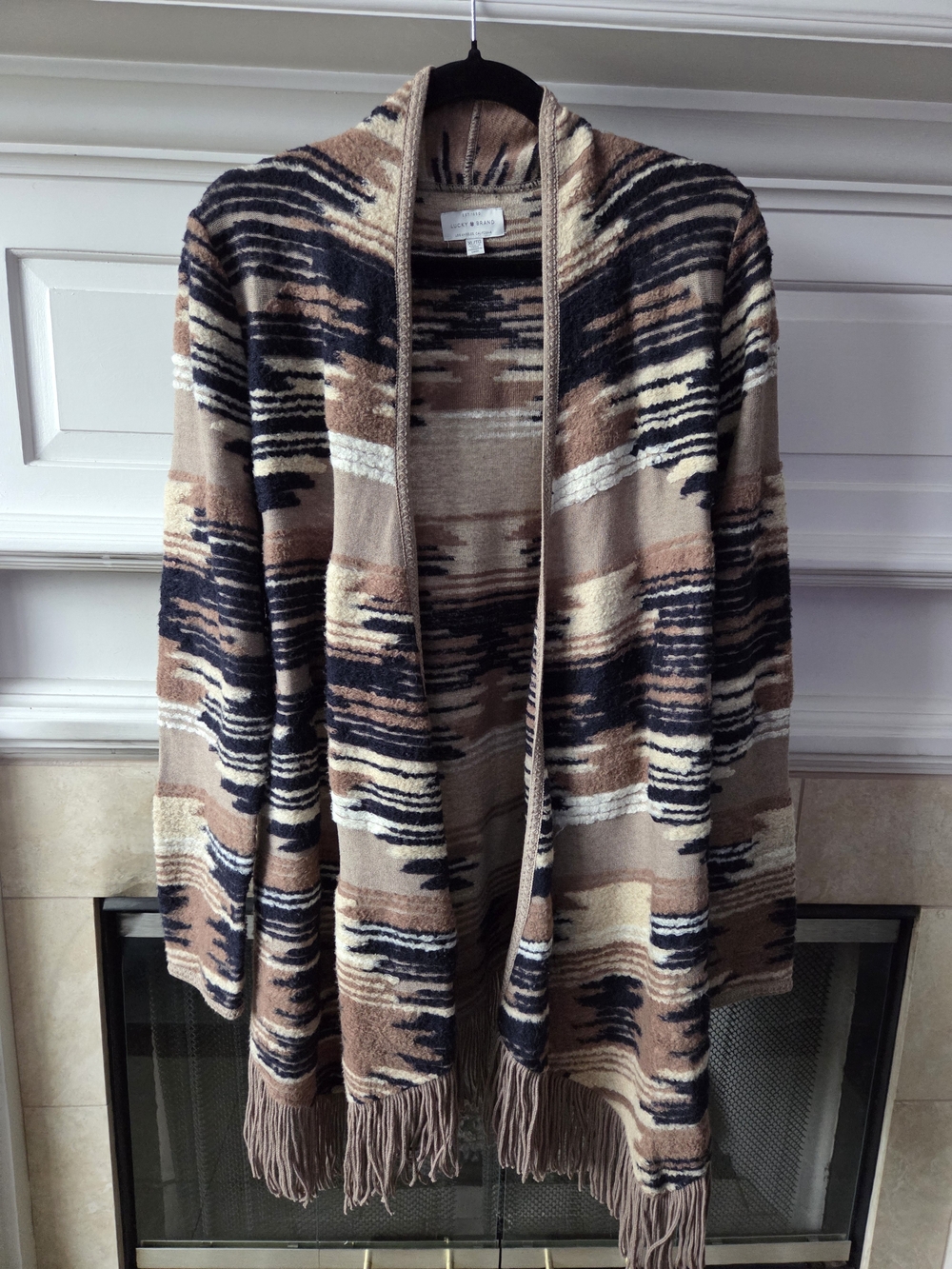 Lucky Brand Wool Cardigan XL Southwestern Fringe Aztec Boho Tan Navy Cream